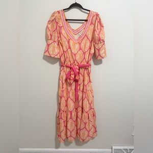 Gretchen Scott Orange and Pink Print Tie Waist Maxi Dress